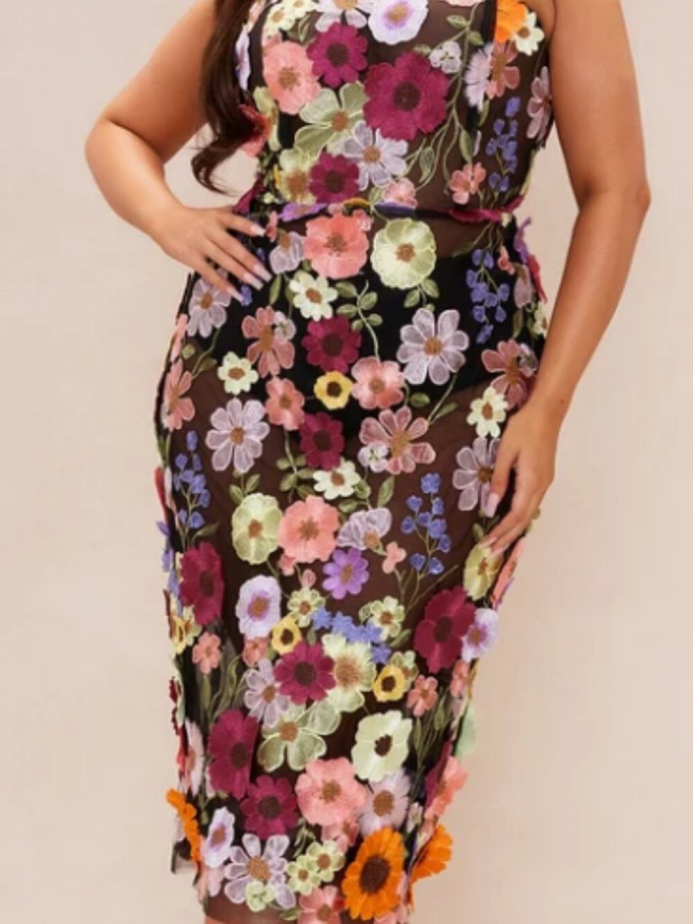Fashion Nova Kelli Black Midi Dress with Multicolor Floral Appliqué NWT - Picture 6 of 6